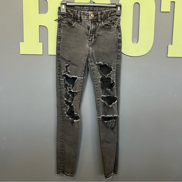 American Eagle Next Level Stretch Distressed Black Skinny Jeans 00 Short