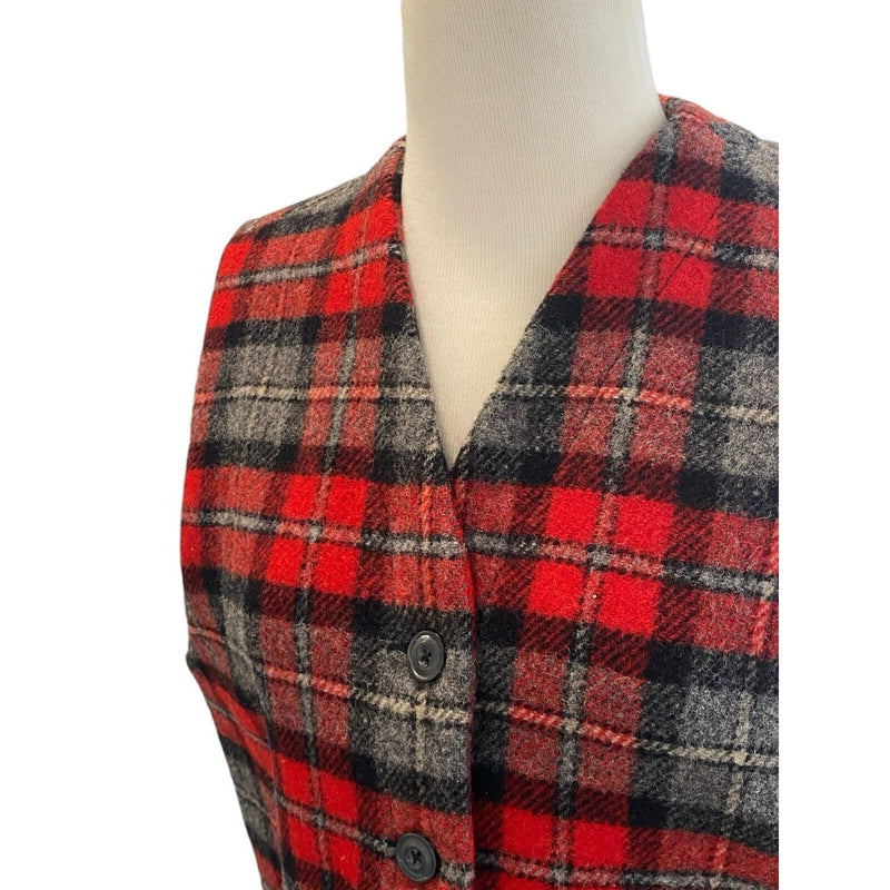 Petite Large Eddie Bauer Women Wool Plaid Red Black Grey Button Pocket Vest