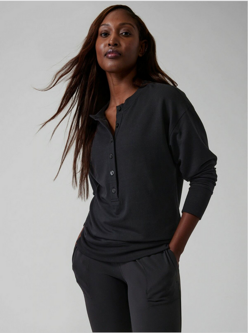 Athleta Black Long Sleeve Balance Henley Sweatshirt
