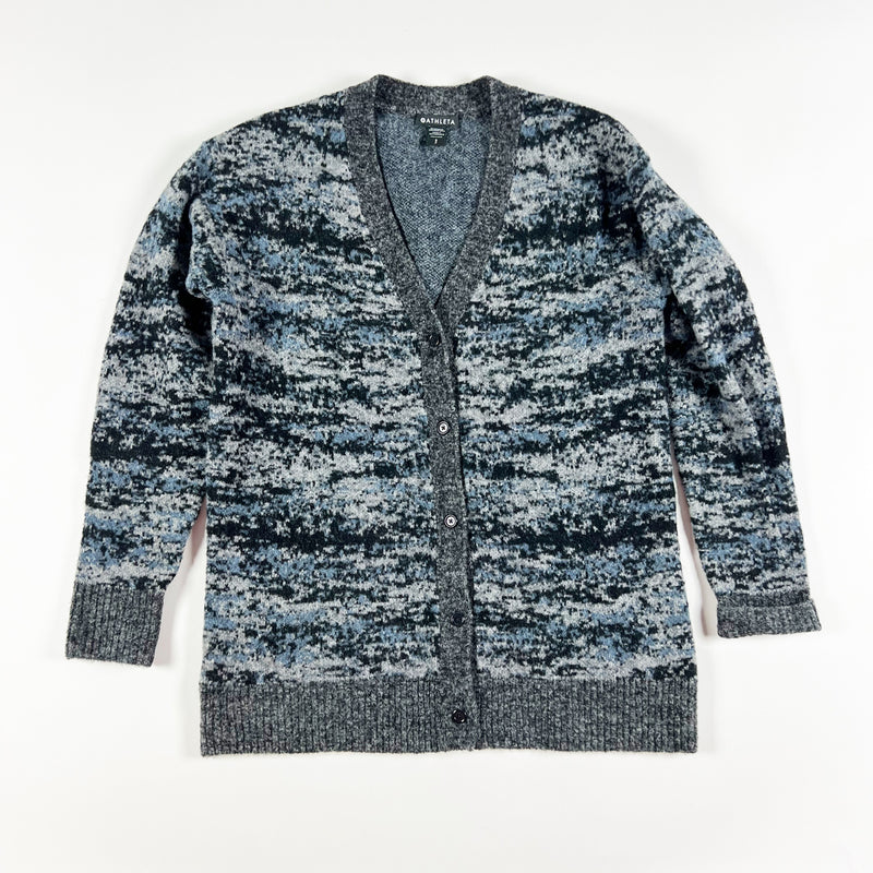 Athleta Westlake Wool Textured Knit Stretch Button Cardigan Sweater Fog Camo S