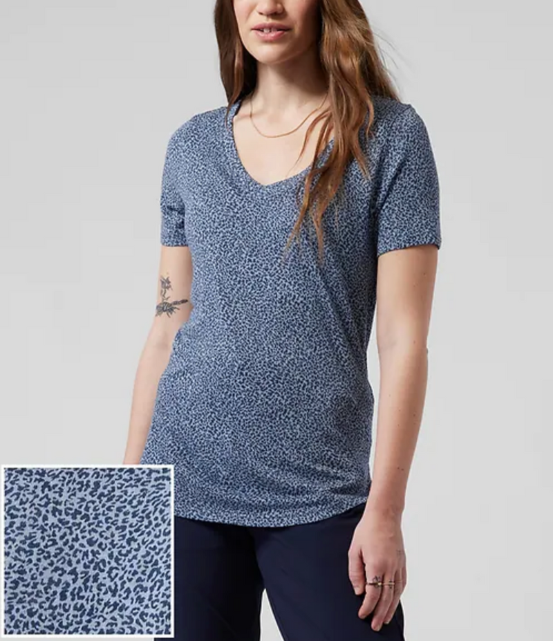 Athleta Blue Micro Cheetah Scoop V-Neck Short Sleeve Breezy Tee Top