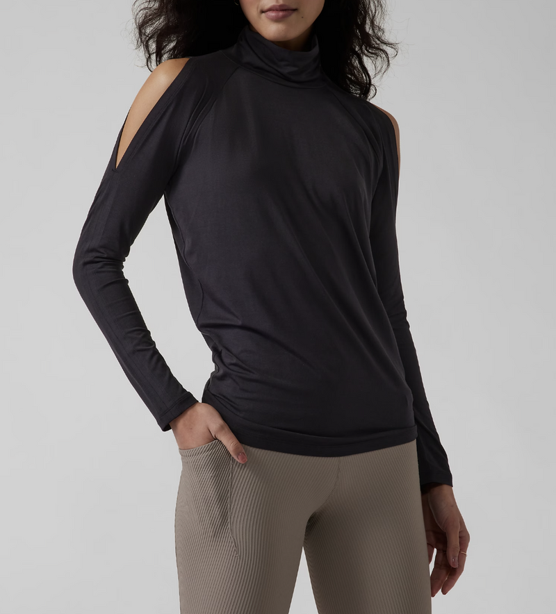 Athleta Black Long Sleeve Cold Shoulder Turtleneck Top