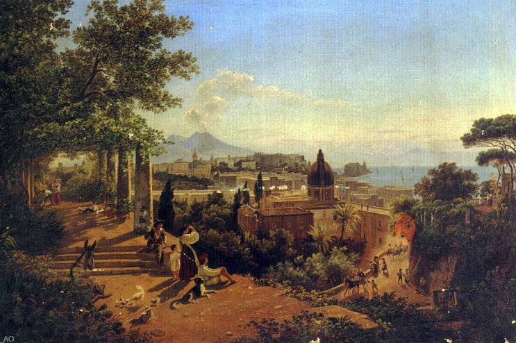 A View of the Bay of Naples and Vesuvius by Friedrich Mayer - Hand Painted Oil Painting