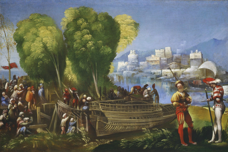 Lively Historical Riverbank Scene Oil Painting