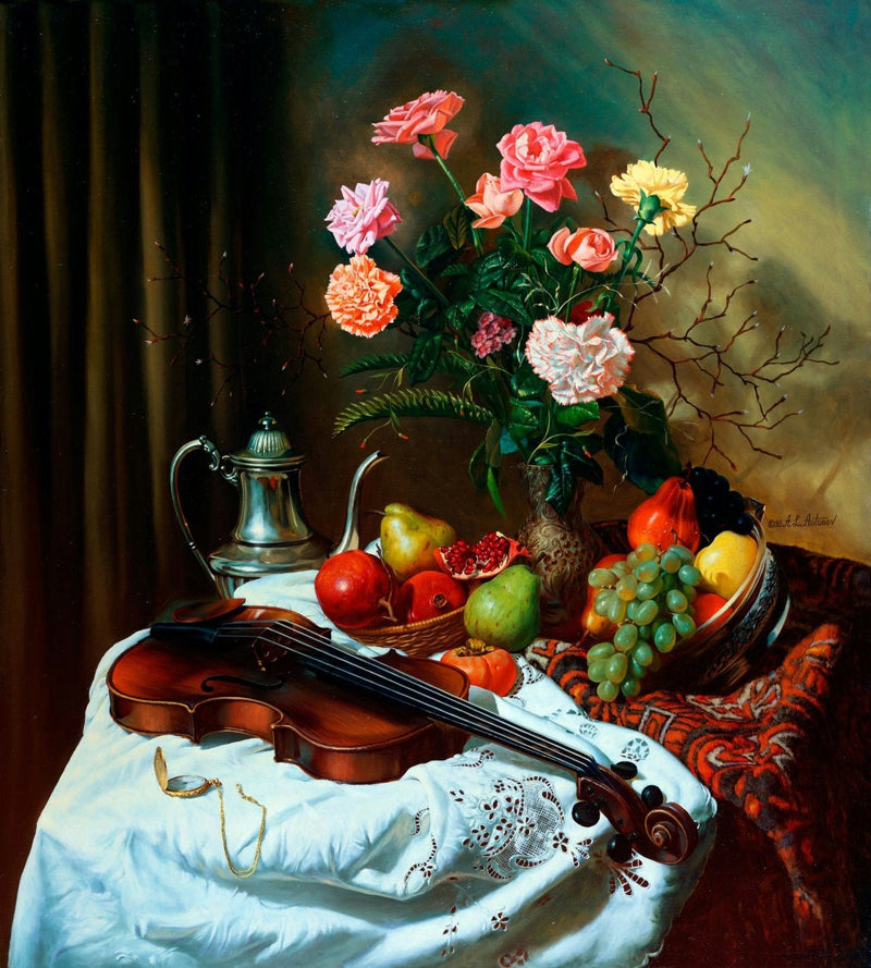 Still Life with Violin, Flowers & Fruits – Elegant Oil Painting
