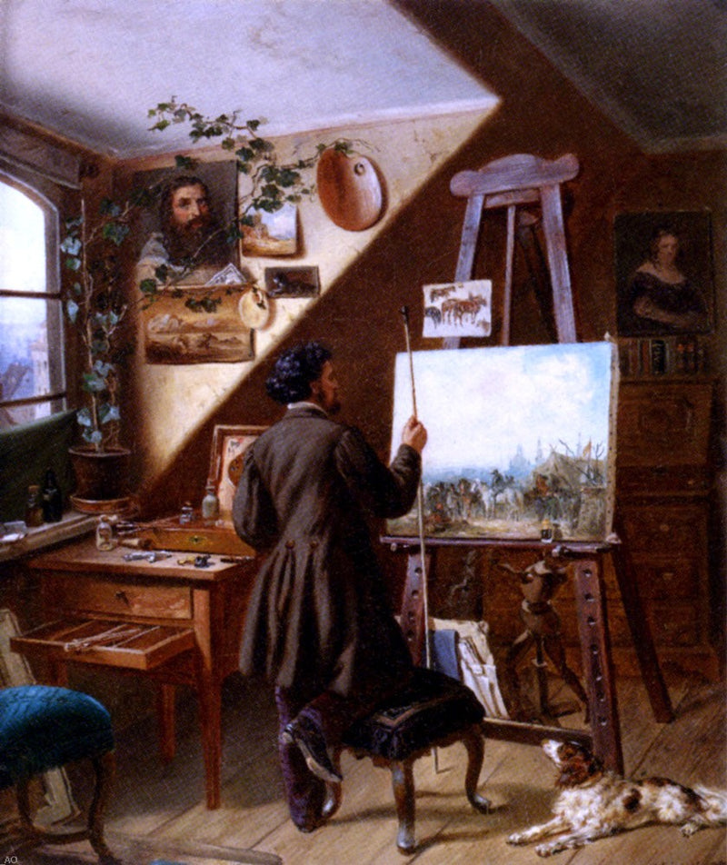 Painting Horses In The Studio, A Self Portrait by Gustav Adolf Friedrich - Hand Painted Oil Painting