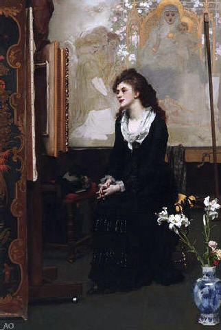 A Young Woman Views a Painting on an Easel in Front of a Cartoon by Karl Gussow - Hand Painted Oil Painting