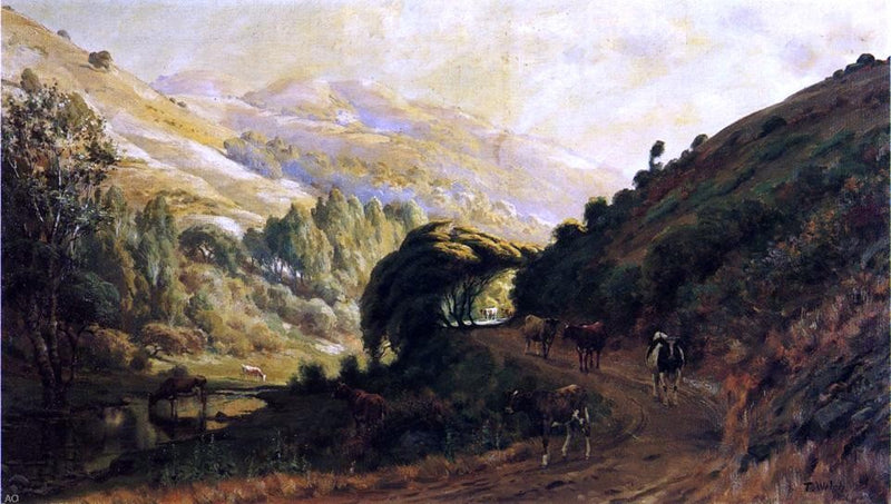 Landscape with Cows by Thaddeus Welch - Hand Painted Oil Painting