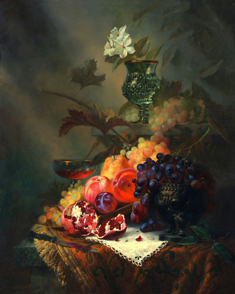 Exquisite Still Life with Fruits, Flowers & Ornate Vase Oil Painting
