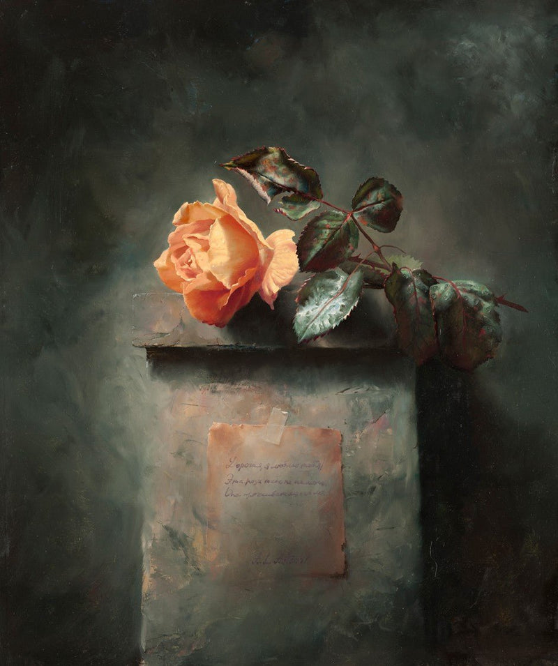 Elegant Orange Rose & Aged Letter – Vintage Oil Painting