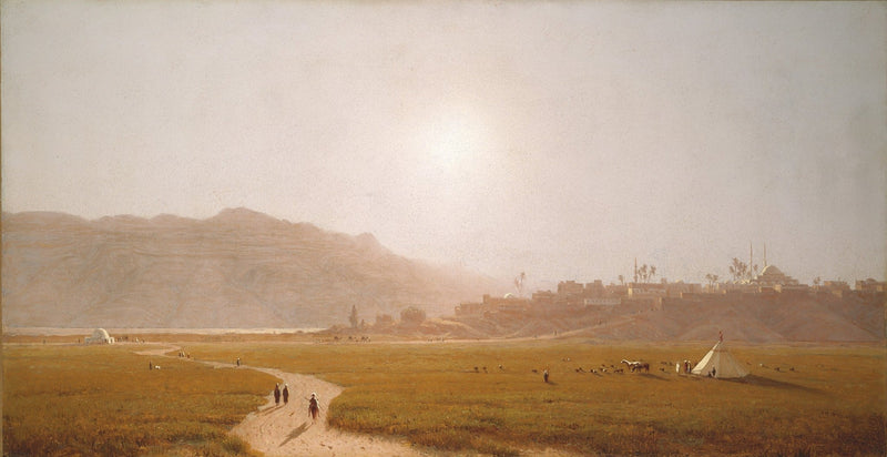 Serene Landscape with Sunlit Field and Travelers
