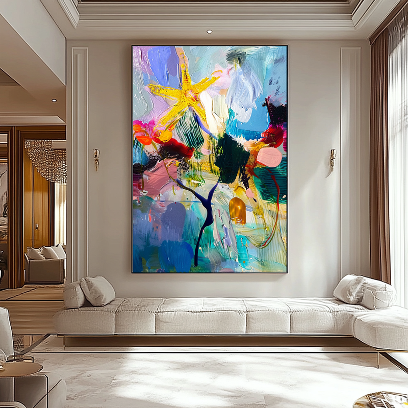 Abstract Ocean-Inspired Impasto Oil Painting - Starfish and Coral Coastal Art for Contemporary Spaces