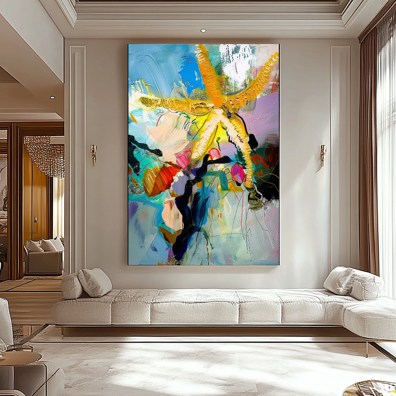 Abstract Ocean-Inspired Impasto Oil Painting - Starfish and Coral Coastal Art for Contemporary Spaces