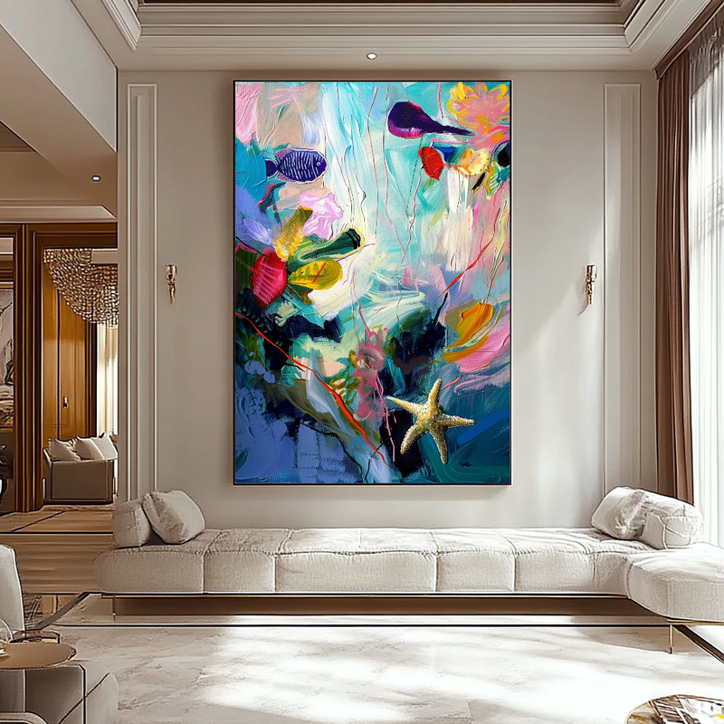 Abstract Ocean-Inspired Impasto Oil Painting - Starfish and Coral Coastal Art for Contemporary Spaces