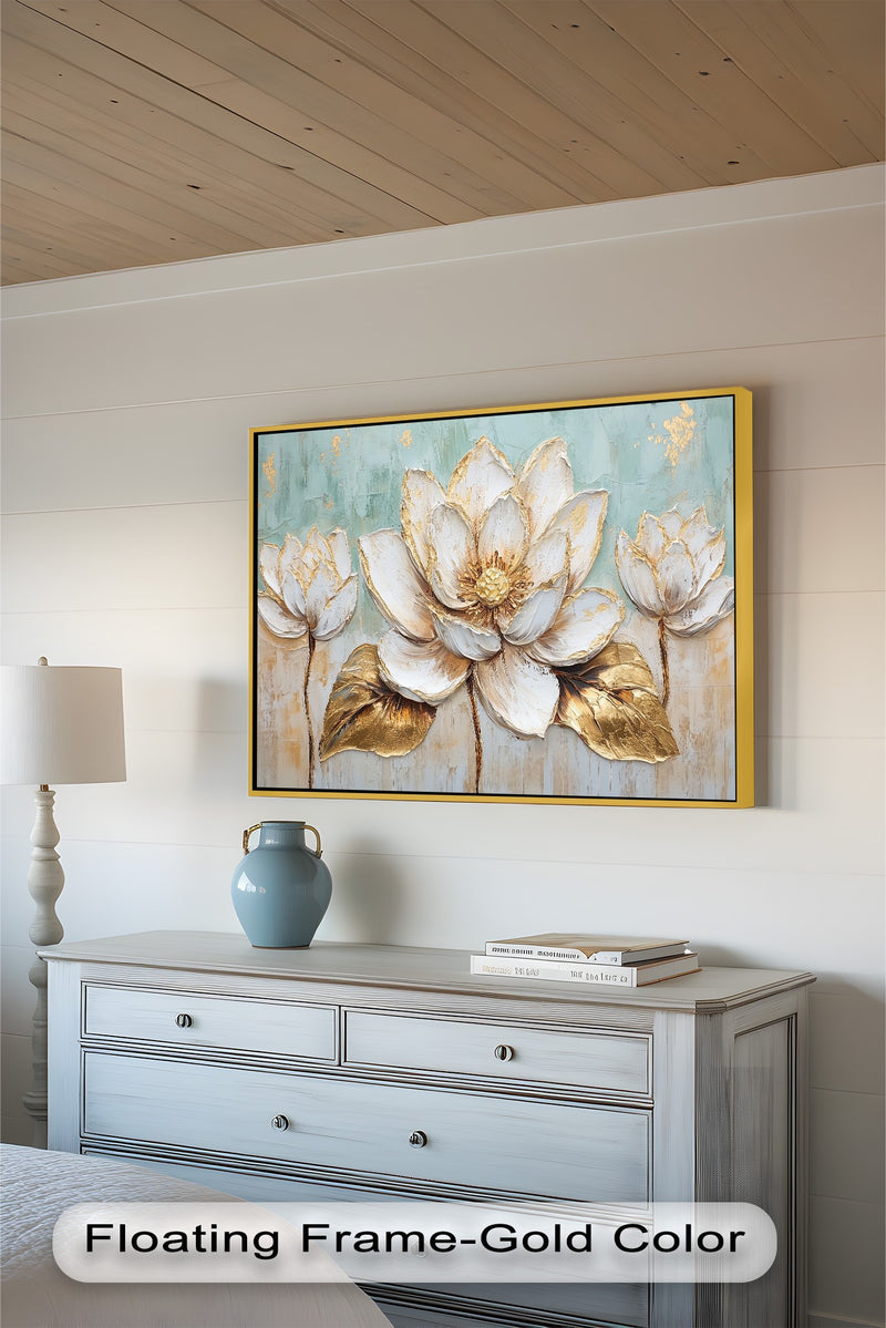 Golden Bloom Lotus – Floral Oil Painting