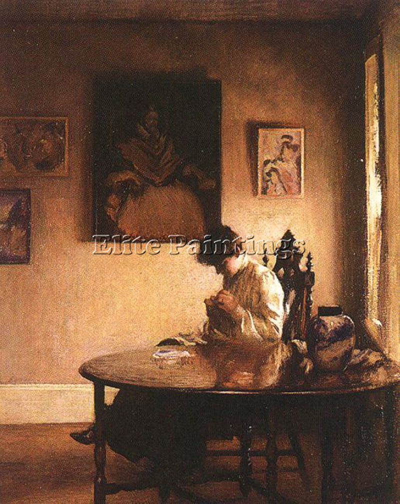 EDMUND CHARLES TARBELL GIRL CROCHETING ARTIST PAINTING REPRODUCTION HANDMADE OIL
