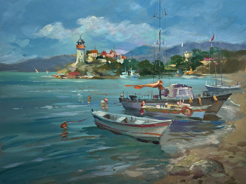 Oil painting Boats and lighthouse Yuriy Suprunchuk