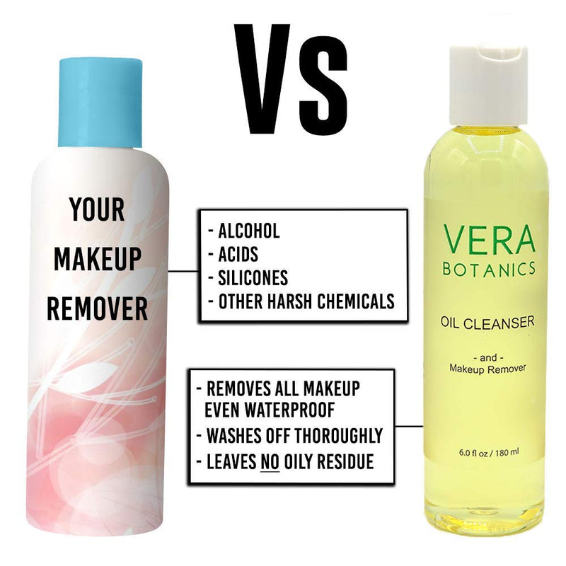 Natural Cleansing Oil And Makeup Remover by Vera Botanics. Only 4 Ingredients. Gentle Daily Oil Cleanser For A Deep Face Wash. Remove Any Makeup. For All Skin Types. Eliminate Clogged Pores Blackheads