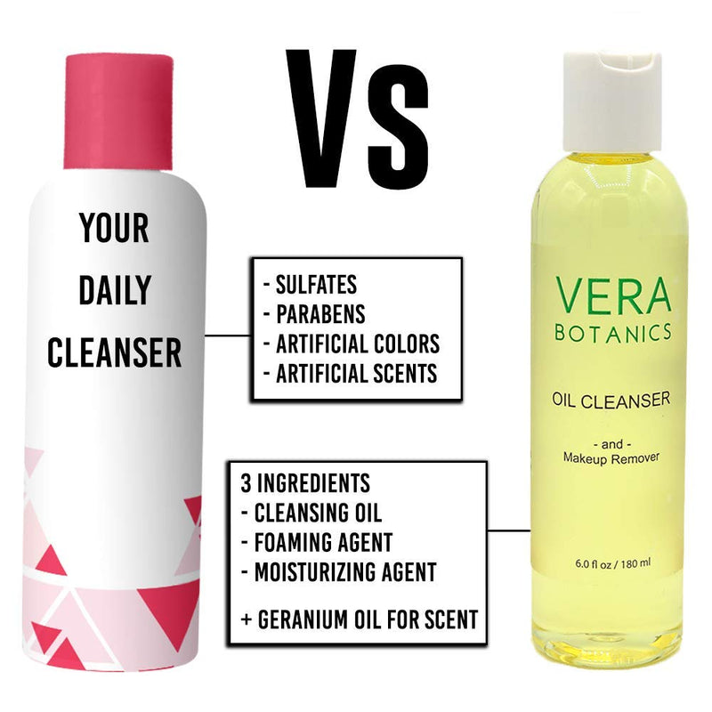 Natural Cleansing Oil And Makeup Remover by Vera Botanics. Only 4 Ingredients. Gentle Daily Oil Cleanser For A Deep Face Wash. Remove Any Makeup. For All Skin Types. Eliminate Clogged Pores Blackheads