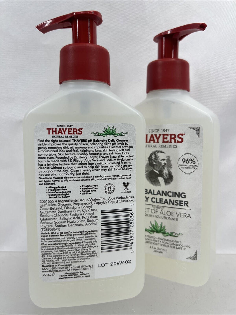 (2) Thayers pH Balancing Daily Cleanser Face Wash 5% Aloe Vera Gentle 8oz