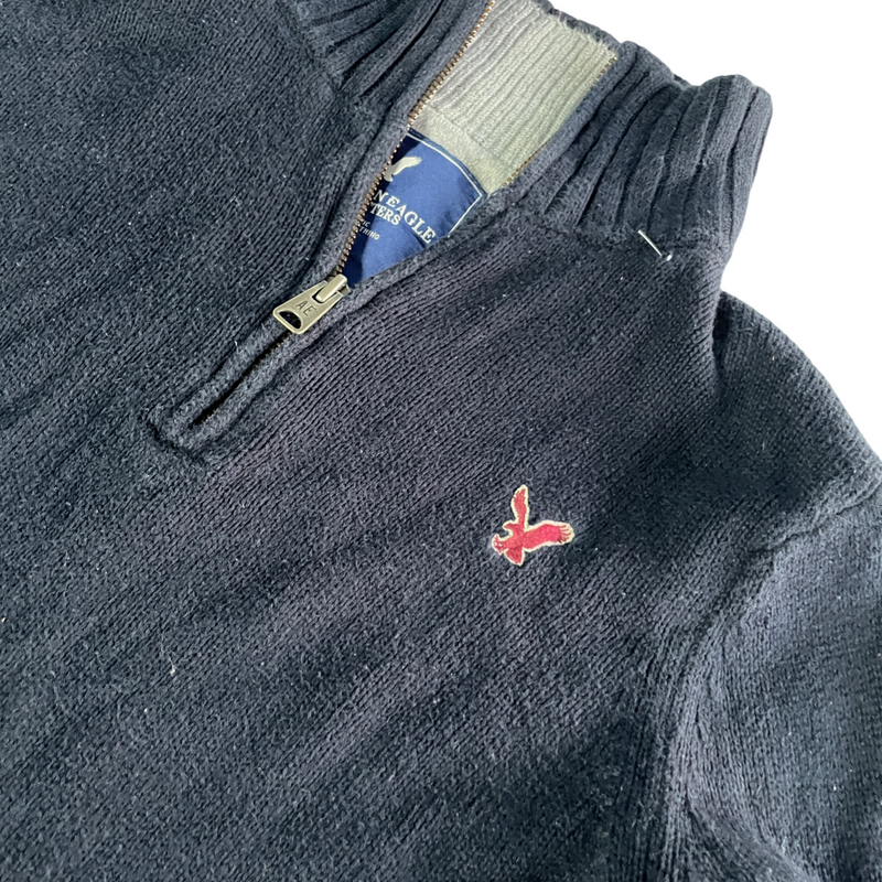 Vintage american eagle winter-turtleneck- Long sleeve polo sweaters For Men's Quarter Zip Pullover Sweater Navy Blue Size S 100% Cotton L 27 W 19 SKU 5139
