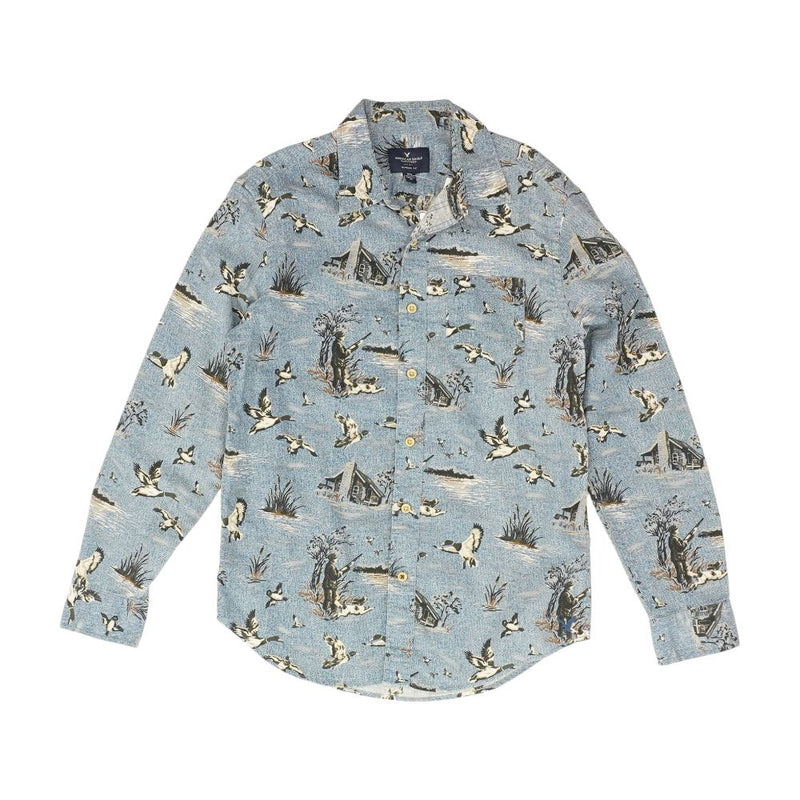 Blue Graphic Long Sleeve Button Down