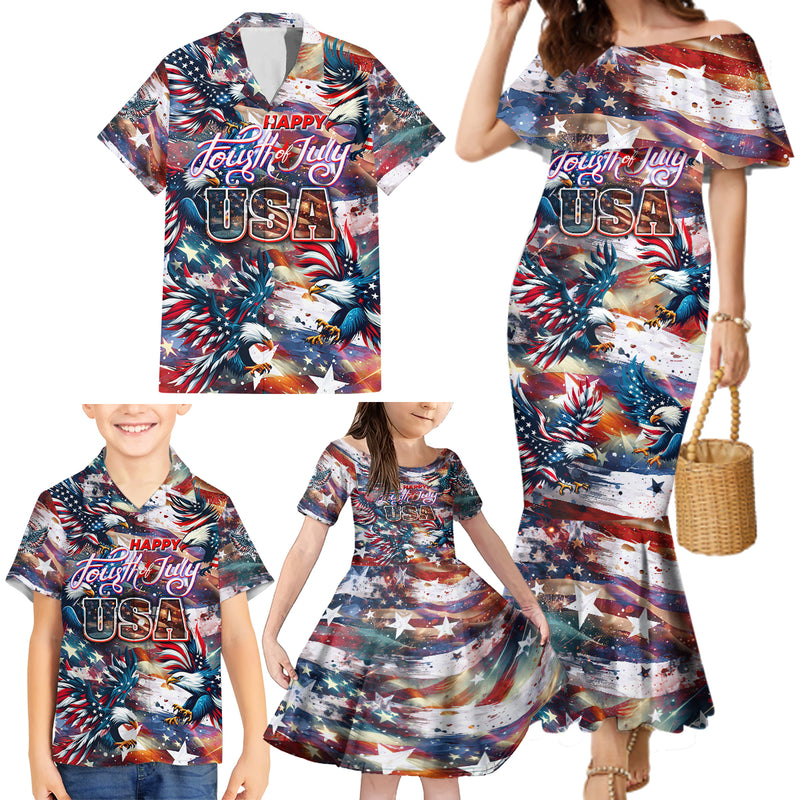 Happy Fourth of July Family Matching Mermaid Dress and Hawaiian Shirt American Eagle Flag US Independence Day DT02