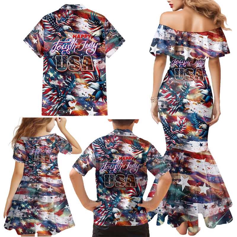 Happy Fourth of July Family Matching Mermaid Dress and Hawaiian Shirt American Eagle Flag US Independence Day DT02