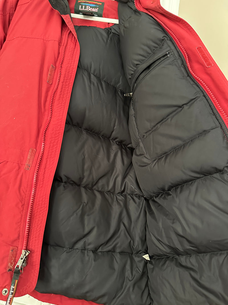 Vintage LL Bean Goose Down Parka Fur Trim Hood Full Zip Puffer Jacket Red Sz M