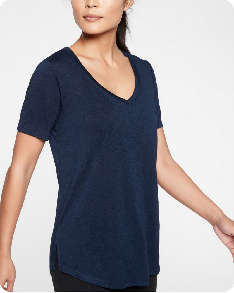 Athleta Navy Blue Scoop V-Neck Short Sleeve Breezy Tee Top