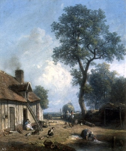 Figures in a Farmyard by Constant Troyon - Hand Painted Oil Painting