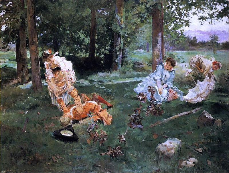 Elegant Figures in a Summer Garden by Emilio Sala y Frances - Hand Painted Oil Painting