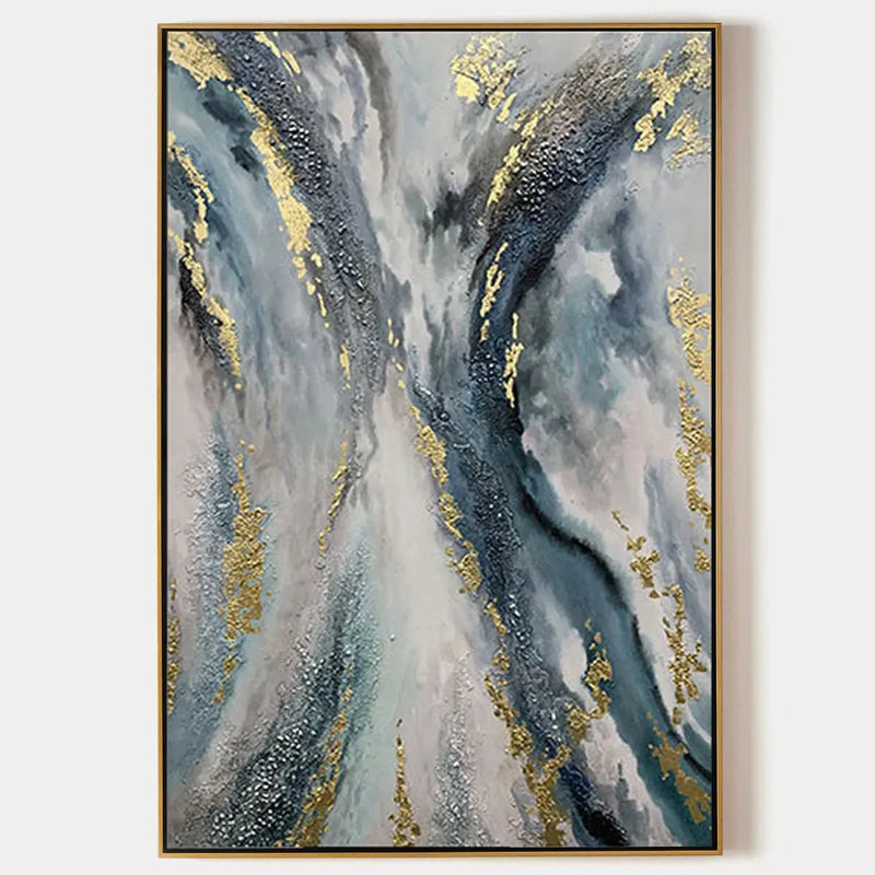 CELESTIAL RIVER: Vertical Abstract Oil Painting with Gold Leaf Accents