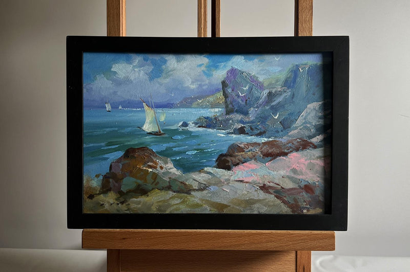 Oil painting Seagulls and rocky shore in the sea Yuriy Suprunchuk