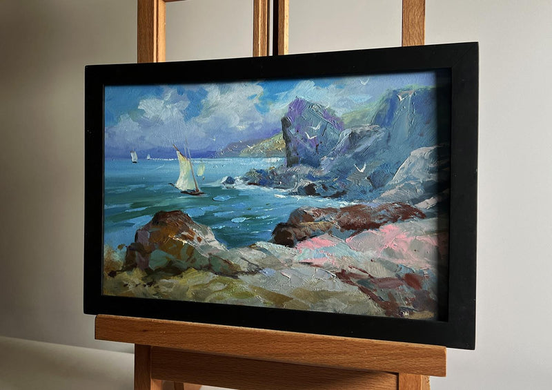 Oil painting Seagulls and rocky shore in the sea Yuriy Suprunchuk