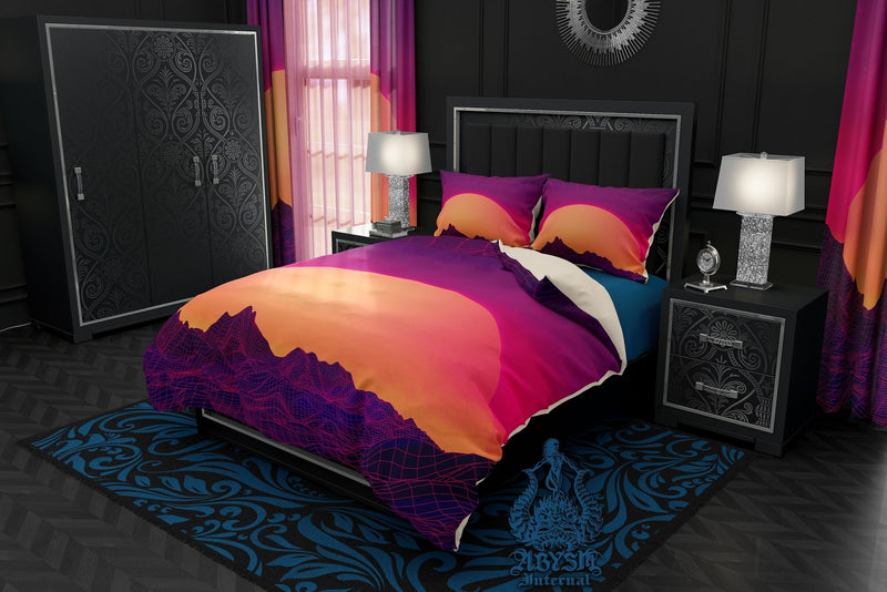 Vaporwave Bedding Set, Comforter or Duvet, Synthwave Bed Cover, Retrowave Bedroom Decor, King, Queen & Twin Size, Gamer Kids 80s Room - Sunset