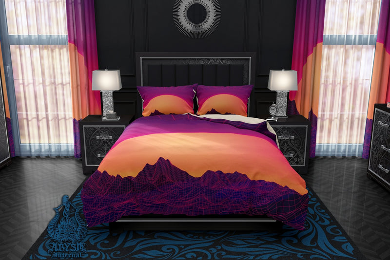 Vaporwave Bedding Set, Comforter or Duvet, Synthwave Bed Cover, Retrowave Bedroom Decor, King, Queen & Twin Size, Gamer Kids 80s Room - Sunset