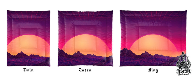 Vaporwave Bedding Set, Comforter or Duvet, Synthwave Bed Cover, Retrowave Bedroom Decor, King, Queen & Twin Size, Gamer Kids 80s Room - Sunset