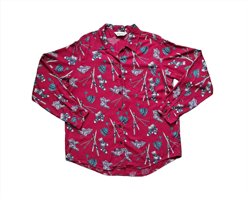Eddie Bauer Vintage Red Ski Themed Long Sleeve Button Up Blouse Shacket Women M