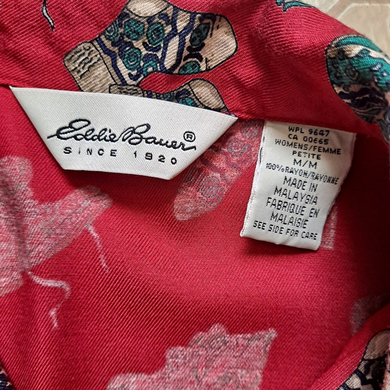 Eddie Bauer Vintage Red Ski Themed Long Sleeve Button Up Blouse Shacket Women M
