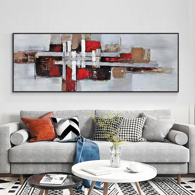 Abstract Red Geometric Oil Painting On Canvas Hand Painted Modern Decor