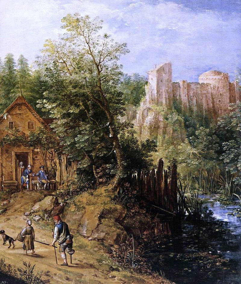 Mountain Valley with Inn and Castle (detail) by Pieter Stevens - Hand Painted Oil Painting