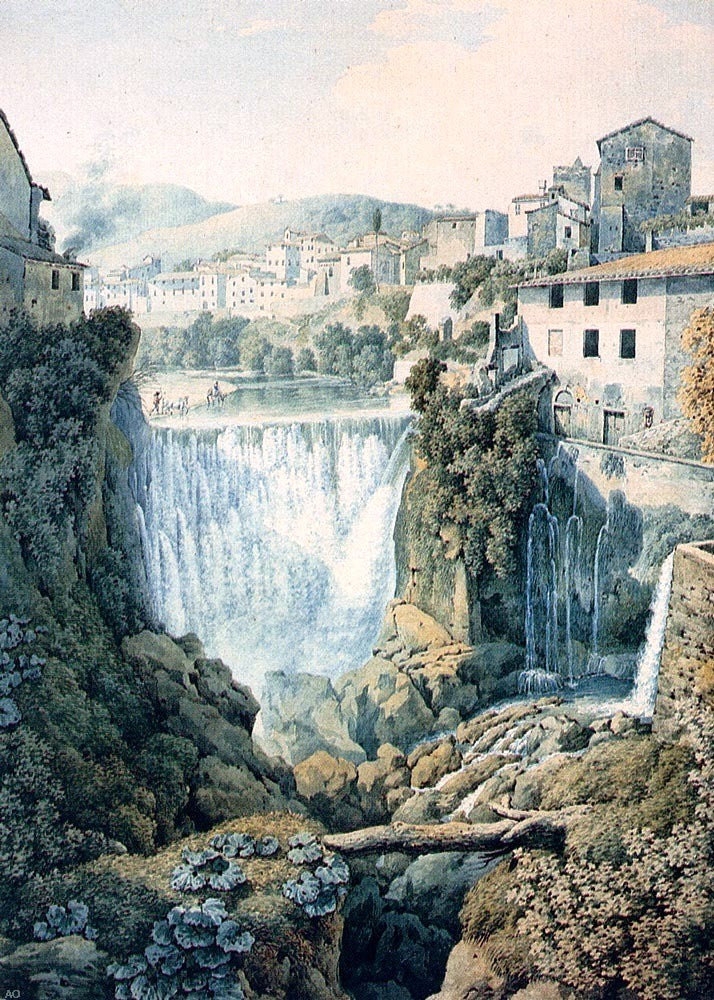 A Waterfall Outside An Italian Town by Filippo Giuntotardi - Hand Painted Oil Painting