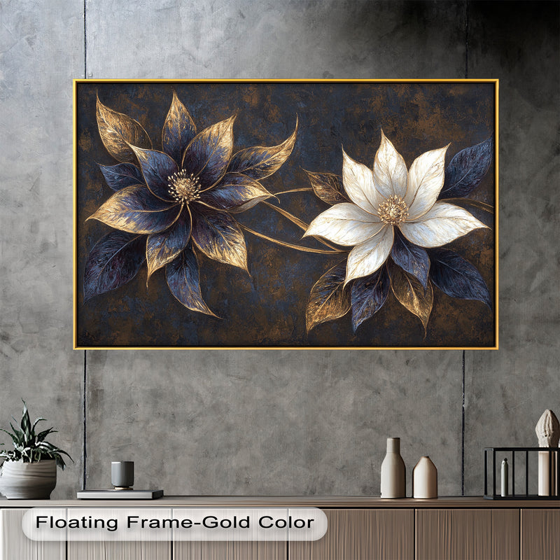 Blue Floral Stained Art – Botanical Oil Painting