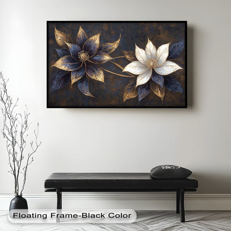 Blue Floral Stained Art – Botanical Oil Painting