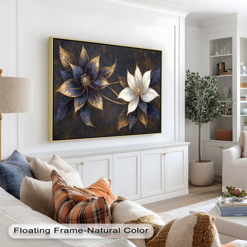 Blue Floral Stained Art – Botanical Oil Painting