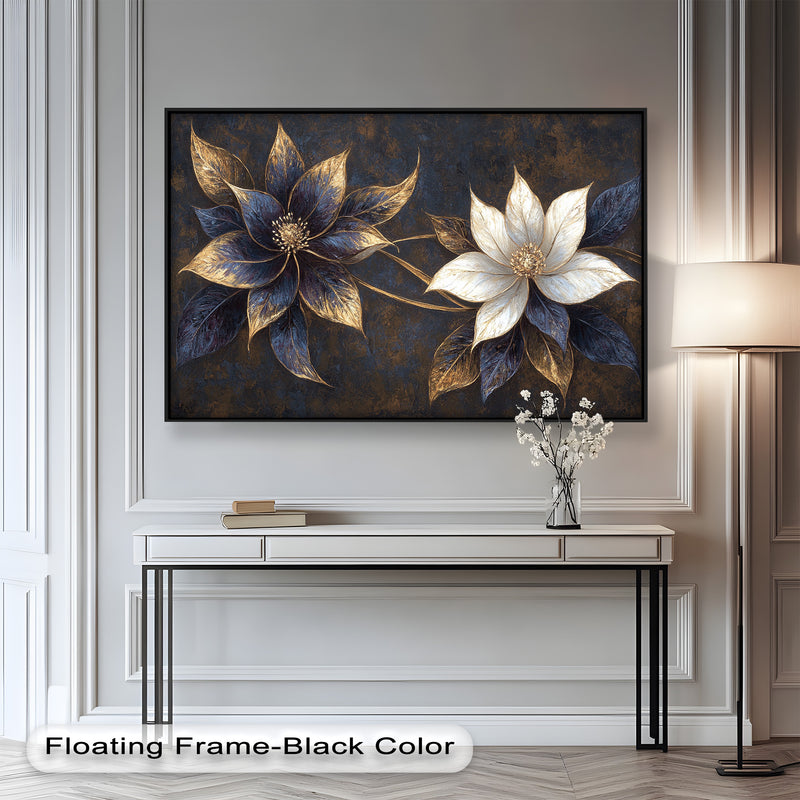 Blue Floral Stained Art – Botanical Oil Painting