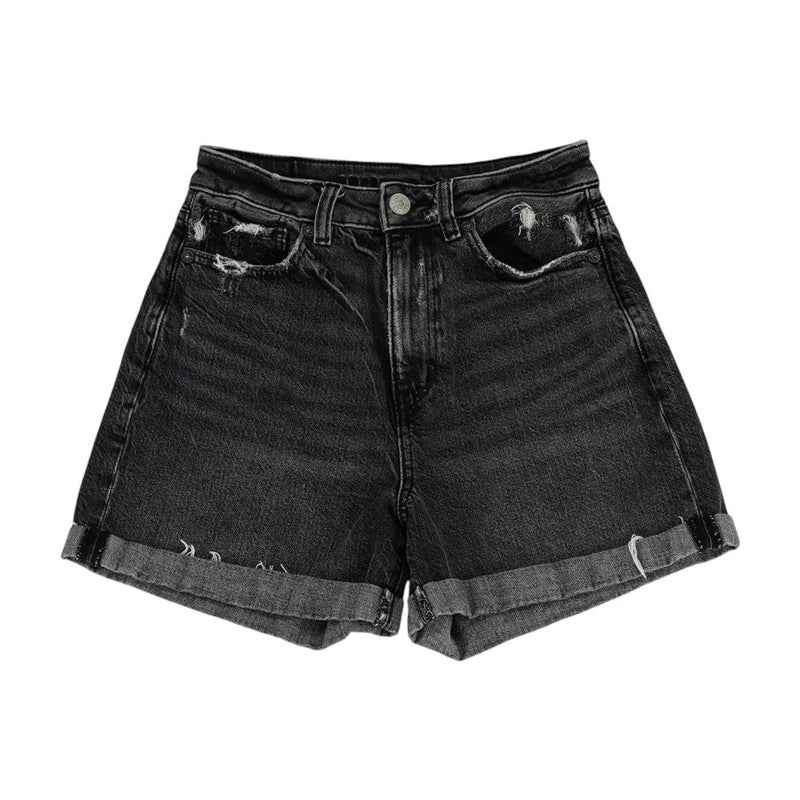 Black Solid Denim Shorts