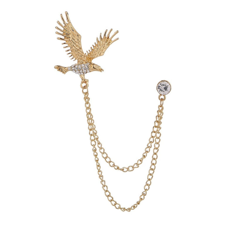 Gold American Eagle Rhinestone Diamonds Double Chain Brooch