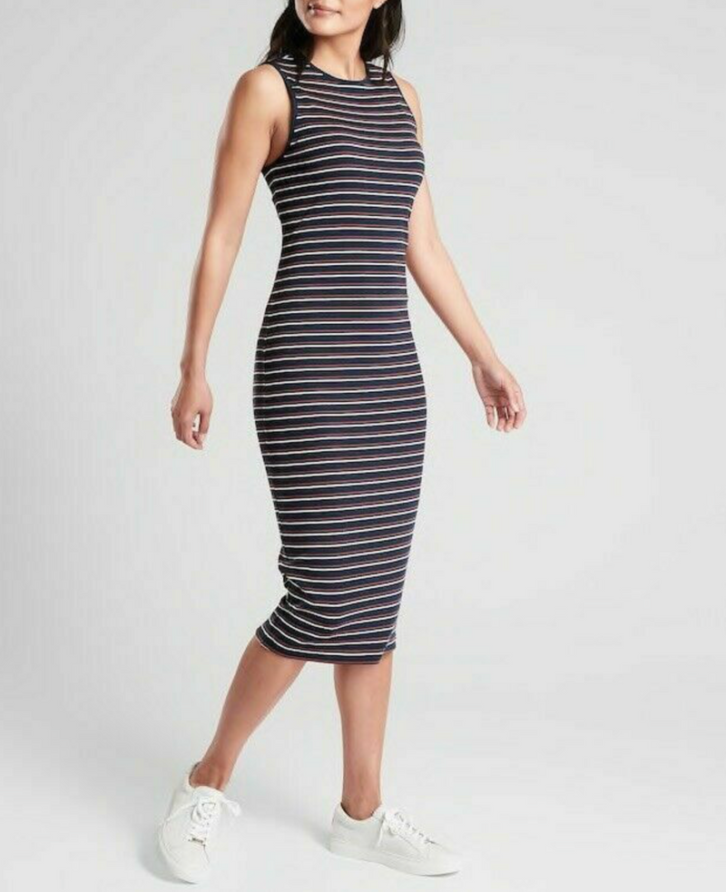 Athleta Navy Blue White Sleeveless Striped Sunstream Midi Dress